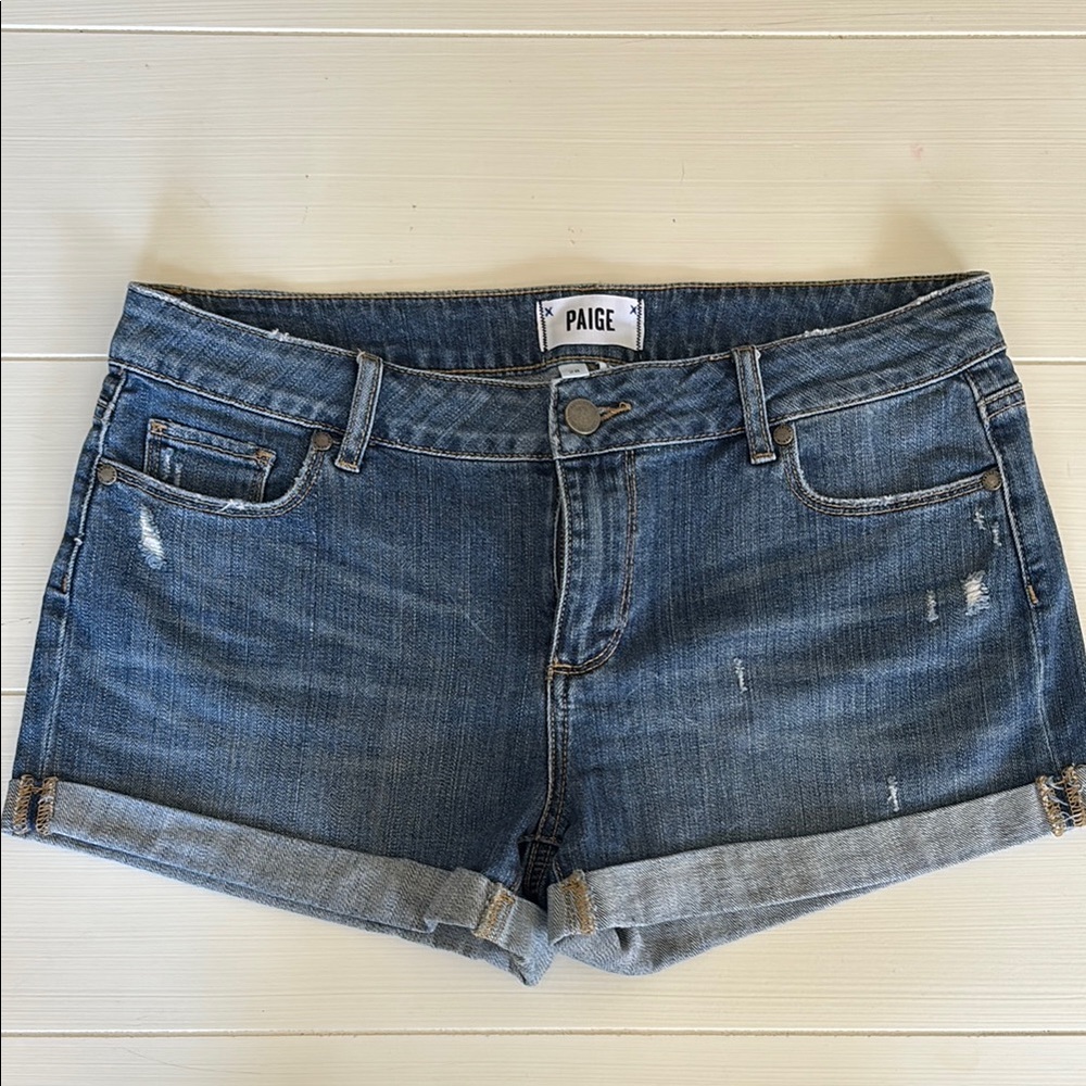 PAIGE Blue Jean Shorts with Cuffed Hem and Distressed Look